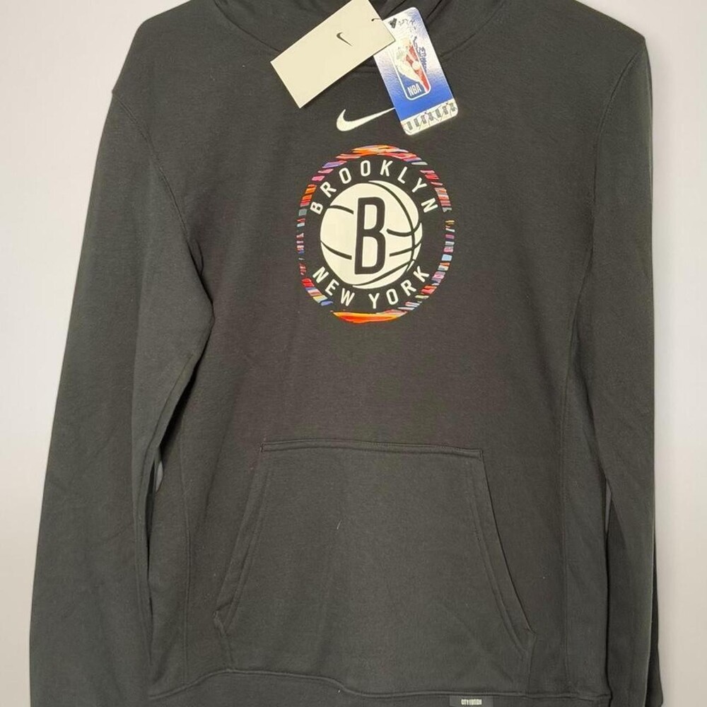 Nike Brooklyn Nets hoodie with basketball graphic and 'BROOKLYN NEW YORK' with e
